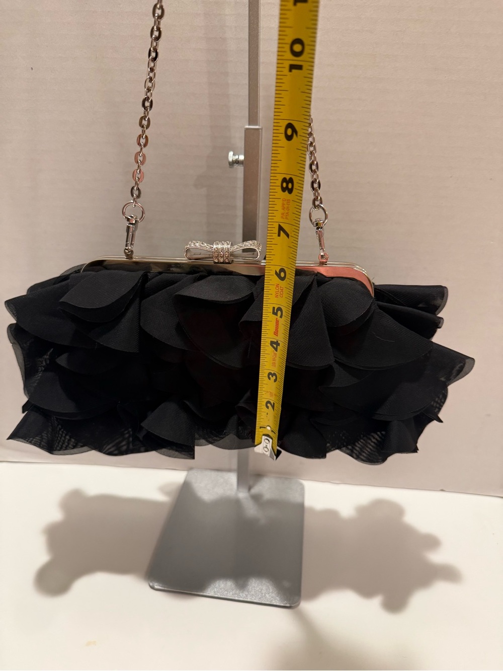 Elegant Black Ruffled Chain-Handle Clutch with Crystal Detail - Picture 8 of 15